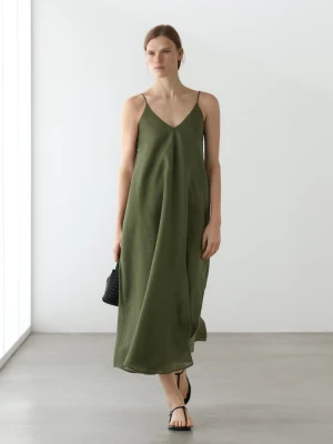 Luźna Sukienka Średniej Długości Na Cienkich Ramiączkach - Zielony - - Massimo Dutti - Kobieta