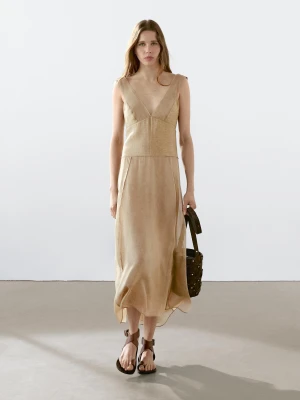 Luźna Sukienka Średniej Długości Z Dekoltem W Serek - Piaskowy - - Massimo Dutti - Kobieta