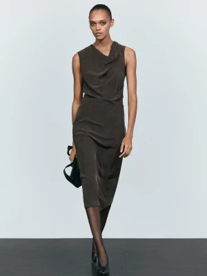 Luźna Sukienka Średniej Długości Z Drapowaniem - Czekoladowy - 36 (S) - Massimo Dutti - Female