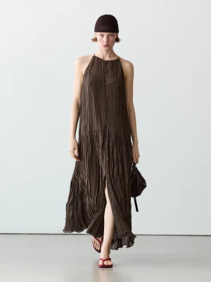 Luźna Sukienka Średniej Długości Z Guzikami - Brązowy - - Massimo Dutti - Kobieta