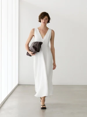 Luźna Sukienka Średniej Długości Z Lnu - Biały - Massimo Dutti - Female
