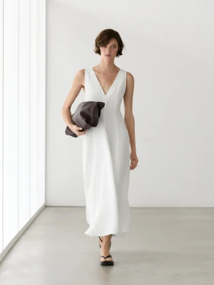 Luźna Sukienka Średniej Długości Z Lnu - Biały - - Massimo Dutti - Kobieta