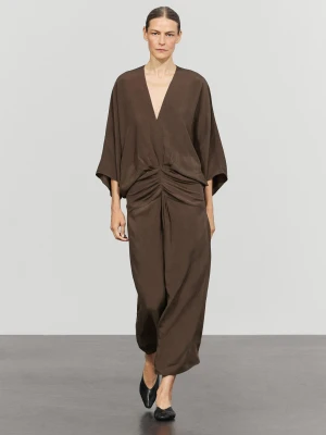 Luźna Sukienka Średniej Długości Z Marszczonym Pasem - Czekoladowy - Massimo Dutti - Female