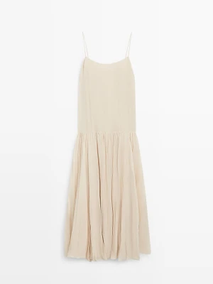 Luźna Sukienka Średniej Długości Z Plisowanymi Detalami - Surowy - - Massimo Dutti - Kobieta