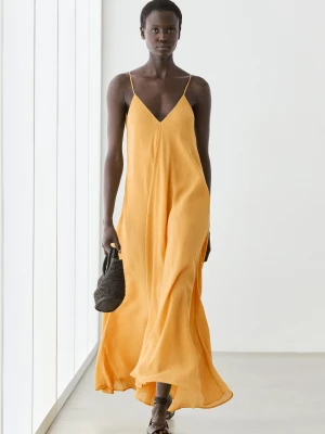 Luźna Sukienka Z Lnu Z Dekoltem W Serek - Żółty - - Massimo Dutti - Female