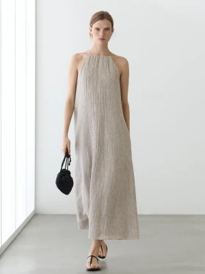 Luźna Sukienka Z Lnu Z Marszczonym Dekoltem - Szary - - Massimo Dutti - Kobieta