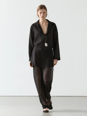 Luźne Kontrastowe Spodnie Z Jedwabiu - Czarny - - Massimo Dutti - Kobieta