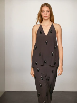 Luźne Spodnie Z Kwiatowymi Aplikacjami - Antracytowy - - Massimo Dutti - Kobieta