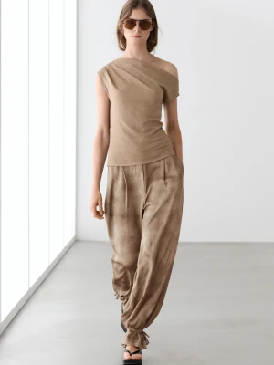 Luźne Spodnie Z Wiązanymi Nogawkami - Beżowy - Massimo Dutti - Female