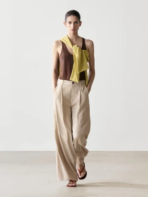 Luźne Spodnie Z Wysokim Stanem - Piaskowy - - Massimo Dutti - Kobieta