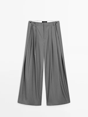 Luźne Spodnie Z Zakładkami - Szary - - Massimo Dutti - Kobieta