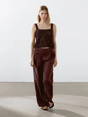 Luźne Spodnie Ze 100% Lnu Z Zakładkami - Bordowy - - Massimo Dutti - Kobieta