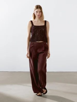 Luźne Spodnie Ze 100% Lnu Z Zakładkami - Bordowy - - Massimo Dutti - Kobieta