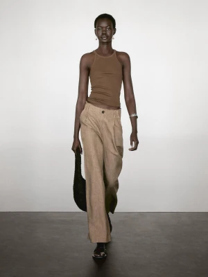 Luźne Spodnie Ze 100% Lnu Z Zakładkami - Szarobrązowy - - Massimo Dutti - Kobieta