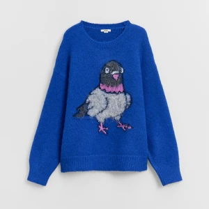 Luźny granatowy sweter z motywem gołębia House