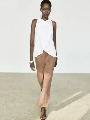 Luźny, Kopertowy Top Z Dekoltem Halter I Lnem - Biały - Massimo Dutti - Female