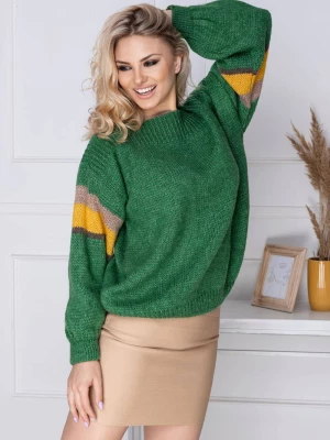 Luźny sweter damski z kolorowymi wstawkami na rękawach zielony PeeKaBoo