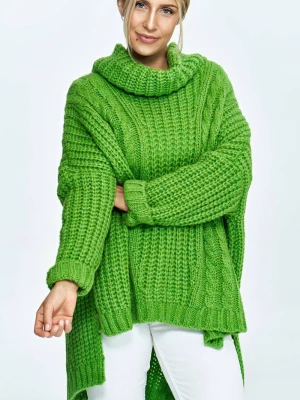 Luźny sweter jak ponczo z golfem zielony z wełną PeeKaBoo
