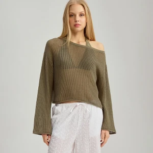 Luźny sweter typu crochet na jedno ramię oliwkowy House