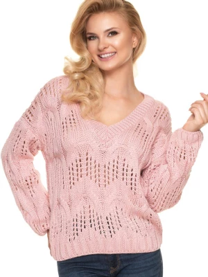 Luźny sweter z ażurowym splotem i dekoltem w serek różowy PeeKaBoo