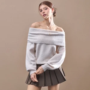Luźny sweter z open shoulder z domieszką wełny w składzie beżowy House