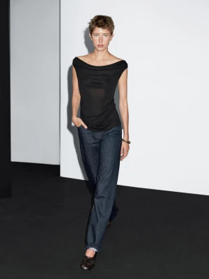 Luźny Top Z Drapowanym Dekoltem - Czarny - - Massimo Dutti - Kobieta
