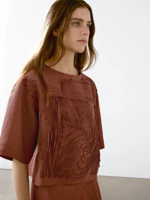 Luźny Top Z Ozdobnym Haftem - Ceglany - - Massimo Dutti - Kobieta