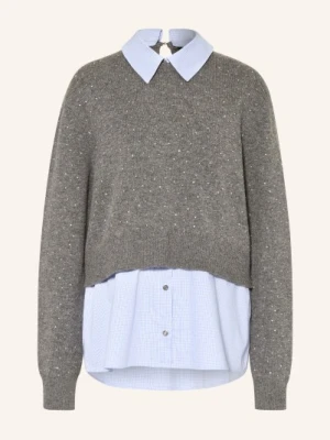 Maje Sweter Z Mieszanki Materiałów Z Ozdobnymi Kamieniami grau