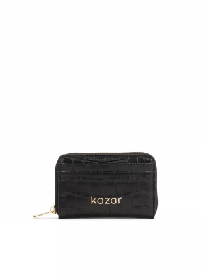Mały czarny portfel damski z tłoczonym wzorem kroko Kazar
