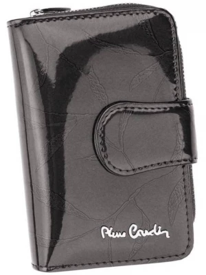 Mały, pionowy portfel ze skóry naturalnej lakierowanej z motywem liści — Pierre Cardin Merg