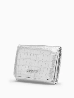 Mały portfel damski ze skóry ekologicznej crocco z miejscem na zdjęcie w kolorze srebrnym  Puccini