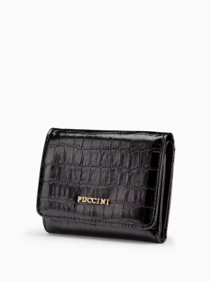 Mały portfel damski ze skóry ekologicznej crocco z okienkiem na zdjęcie w kolorze czarnym  Puccini