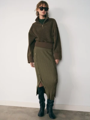 MANGO - Bluza z materiału typu baranek z zapięciem na zamek khaki - - Kobieta