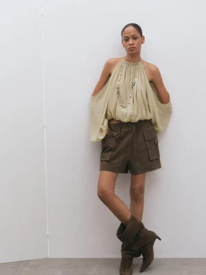 MANGO - Bluzka marszczona z odkrytymi ramionami zielony - - Kobieta