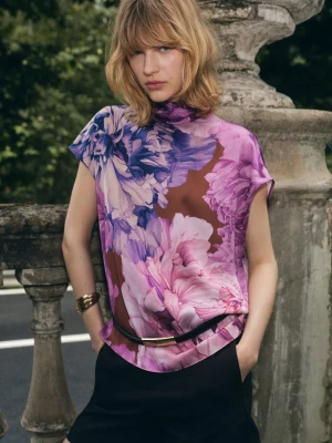 MANGO - Bluzka w kwiaty z szalem purpurowy - - Kobieta