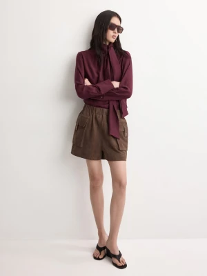 MANGO - Bluzka z długim rękawem i szalem przy kołnierzu kasztanowy - - Kobieta