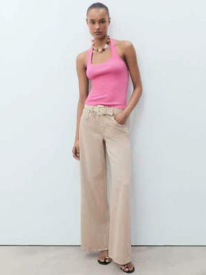 MANGO - Bluzka z dzianiny z dekoltem halter różowy - - Kobieta
