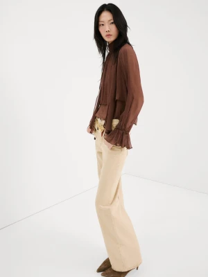 Bluzka z falbanami i wysokim kołnierzem brązowy - Kobieta - - MANGO