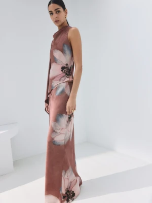 MANGO - Długa spódnica w kwiaty pastelowy róż - - Kobieta