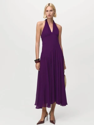 MANGO - Długa sukienka z dekoltem halter purpurowy - - Kobieta