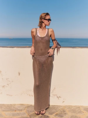 Długa szydełkowa sukienka średni brązowy - Kobieta - - MANGO