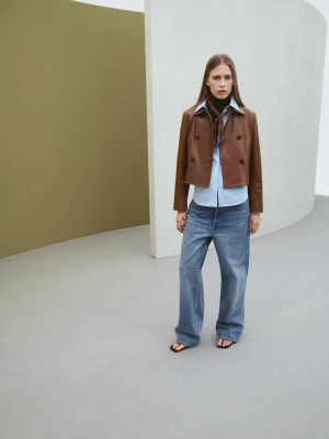 Dwurzędowa skórzana kurtka średni brązowy - Kobieta - - MANGO