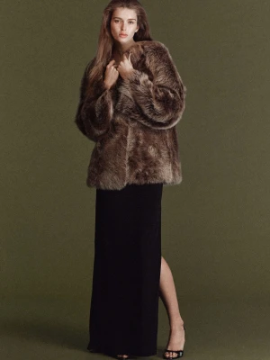 MANGO - Dwustronny płaszcz ze skóry podszytej futrem tabaczkowy brąz - - Kobieta