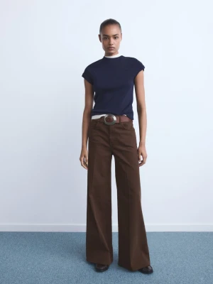 MANGO - Jeansy wide leg z wysokim stanem czekoladowy - - Kobieta