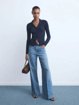 MANGO - Jeansy wide leg z wysokim stanem średni niebieski - - Kobieta