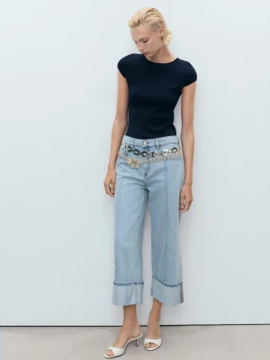 MANGO - Jeansy wideleg crop z podwiniętym dołem średni niebieski - - Kobieta