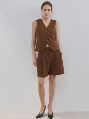 MANGO - Garniturowa kamizelka w prążki karmelowy brąz - - Kobieta