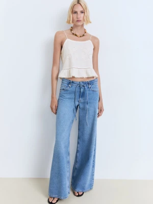 MANGO - Haftowany top z koronką złamana biel - - Kobieta