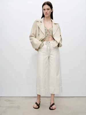 MANGO - Dżinsy wideleg crop ze szwami kremowy / écru - - Kobieta