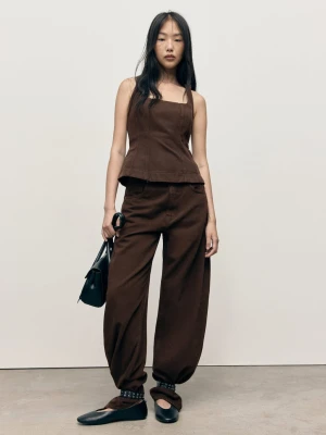 MANGO - Jeansowy rozkloszowany top czekoladowy - - Kobieta